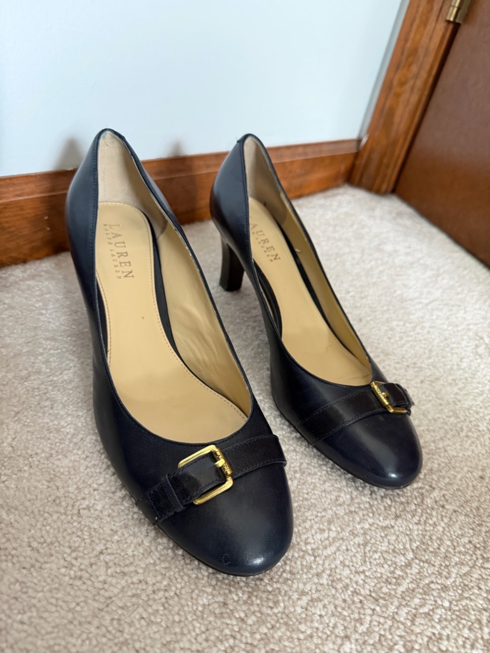 Lauren Ralph Lauren Navy Leather Heeled Pumps with Gold Buckle